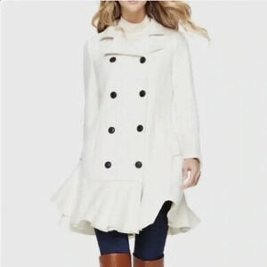 BCBG Maxazria wool  Ivory Talia Pea Coat peplum Size XS